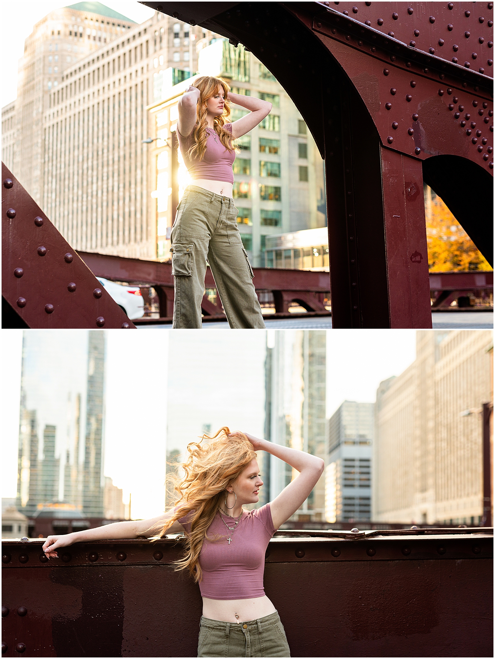Booking Your Senior Portrait Session – senior girl wearing green cargo pants and purple top on Chicago bridge – Sarah Jane Photography is a high school senior photographer serving Bourbonnais & Chicagoland.