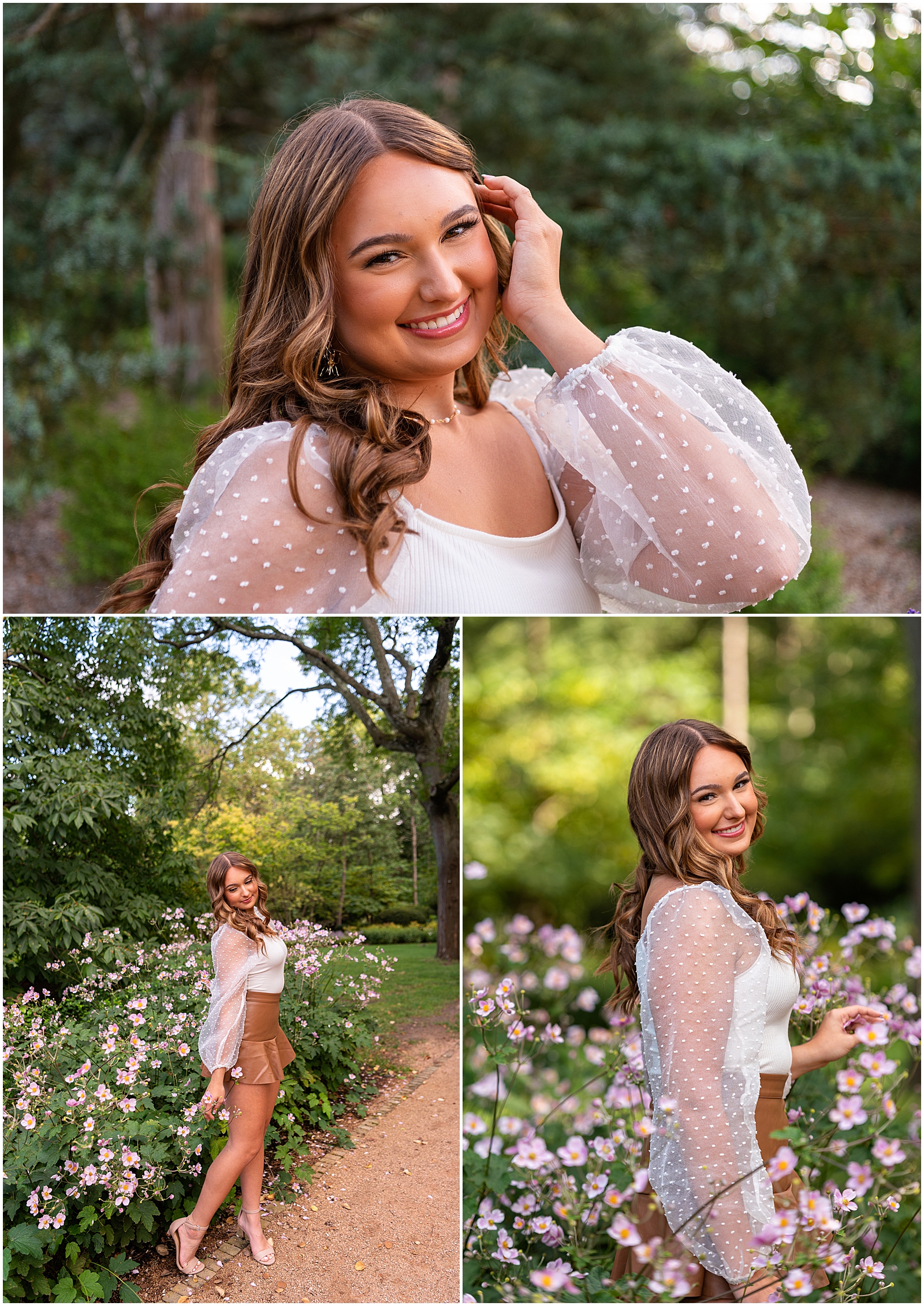 Booking Your Senior Portrait Session – senior girl wearing brown skirt and white bubble sleeve top in field of flowers – Sarah Jane Photography is a high school senior photographer serving Bourbonnais & Chicagoland.