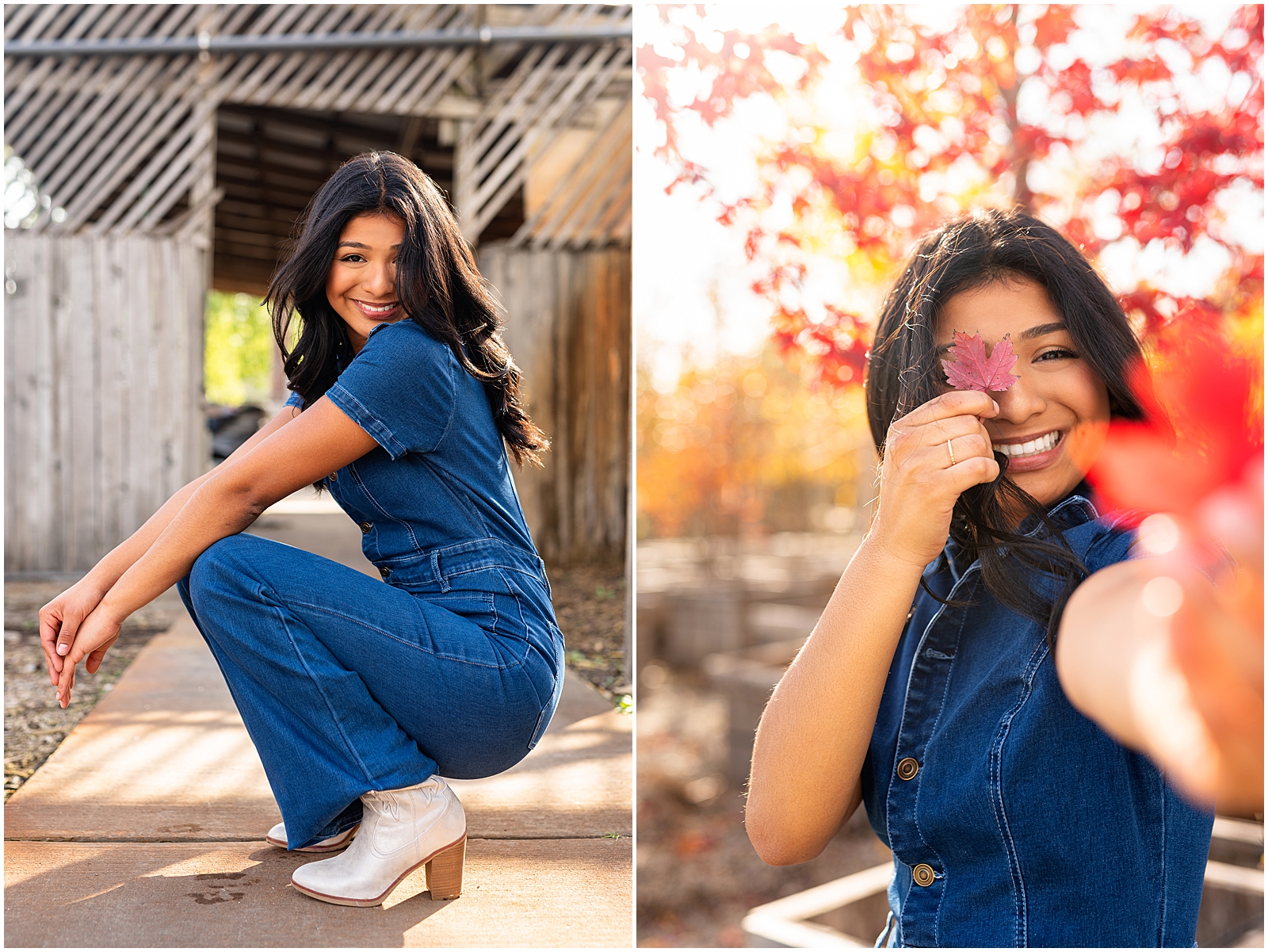 What a Senior Session at SJP Looks Like – high school senior girl wearing denim jumpsuit and white boots with fall leaves – Sarah Jane Photography is a high school senior photographer serving Bourbonnais & Chicagoland.