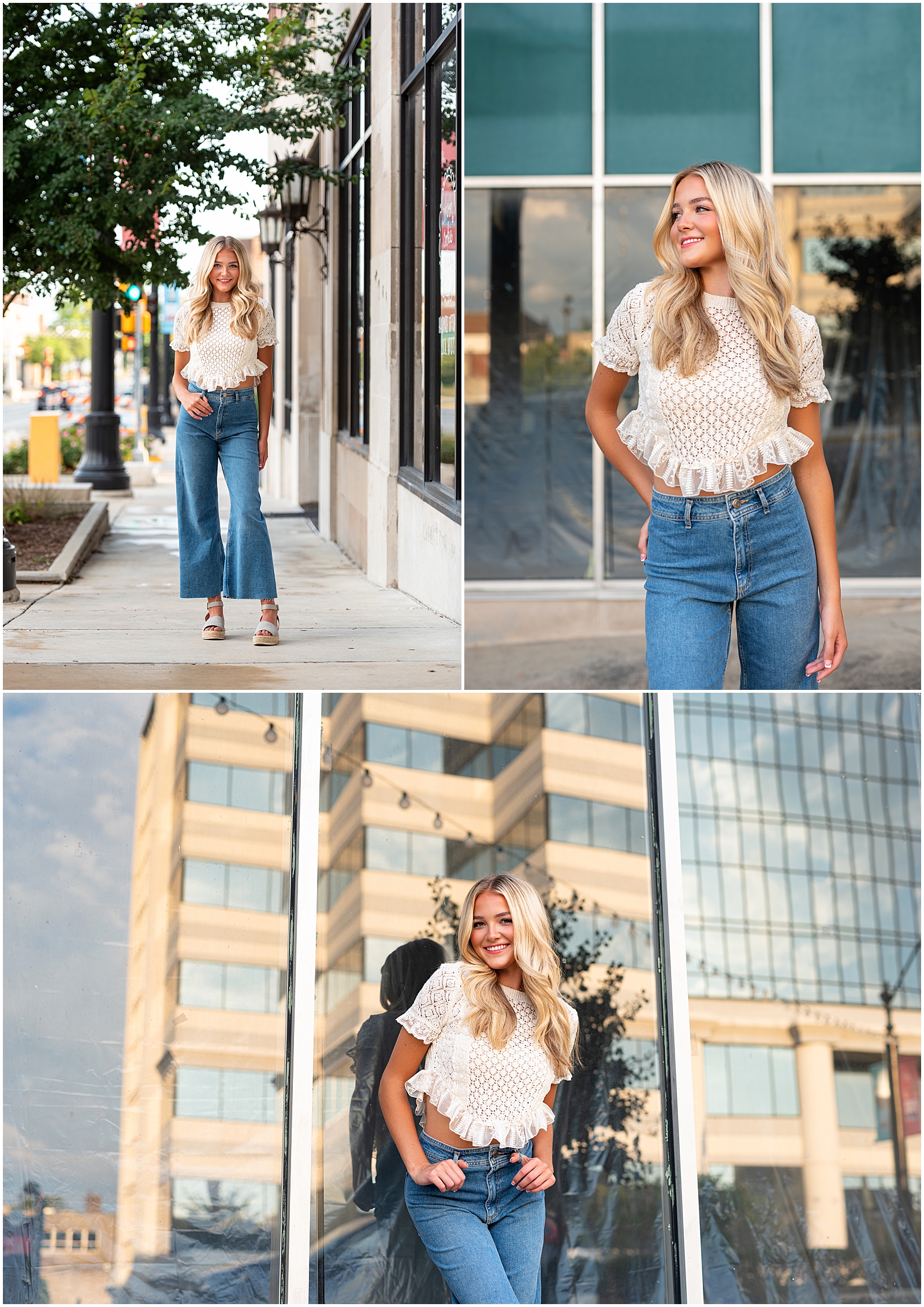 Preparing for your senior photos – downtown Kankakee senior photos white top and flare jeans – Sarah Jane Photography is a high school senior photographer serving Bourbonnais & Chicagoland.