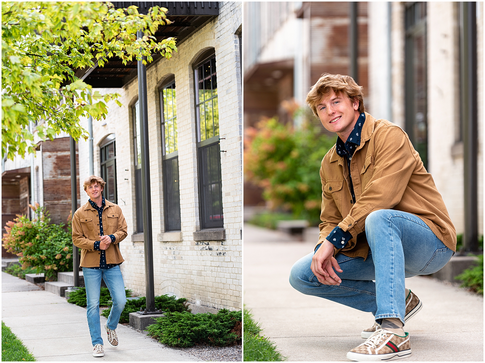 Preparing for your senior photos – urban senior boy photo inspiration with brown jacket jeans and Gucci sneakers – Sarah Jane Photography is a high school senior photographer serving Bourbonnais & Chicagoland.